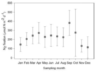 Mean depth-integrated (0-125 m) rates of N2 fixation aggregated by month for the period of 2005–2013 with error bars representing one standard deviation of the mean rates. Taken from Böttjer et al. (2016) Temporal variability in dinitrogen fixation and particulate nitrogen export at Station ALOHA. Limnol. Oceanogr. 2016