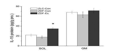 Effect of 12 weeks of treadmill exercise on expression of IL-15 in SOL (soleus) and GM (gastrocnemius medial). #p<0.05 compared with ZDF-Con group. Values are mean ± S.E.M. for n=8 in each group