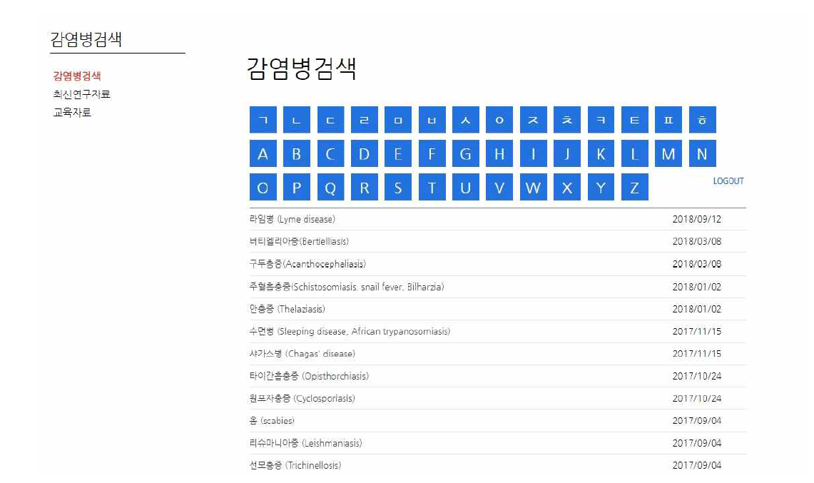 글로벌감염병센터 홈페이지 내 감염병 검색