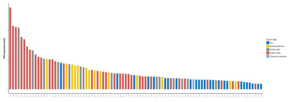 92개 림포마 환자 ICGC data에서 확인한 AIMP2-DX2 발현량, 세부 아종별