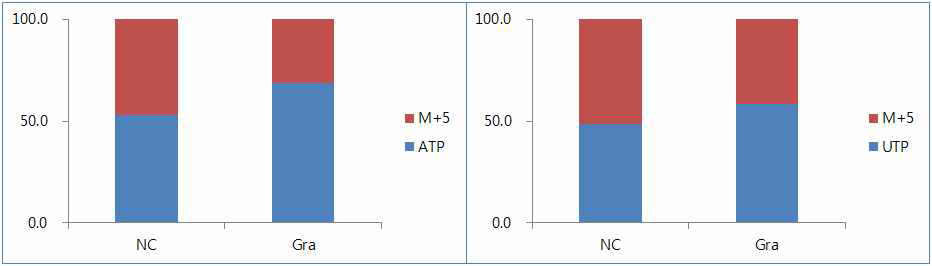 ATP(left)와 UTP(right)의 13C labeling 효율 비교