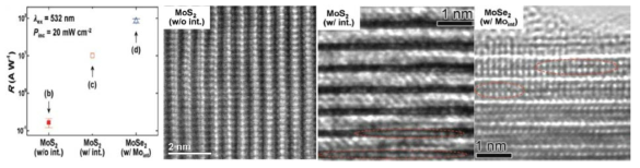 광물 MoS2, Mo-interstitial 층을 가진 합성 MoS2와 MoSe2 각각의 광반응성과 TEM 이미지