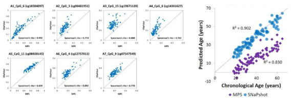 Correlation of DNA methylation between MPS and SNaPshot and predicted versus chronological ages obtained from MPS and SNaPshot analysis