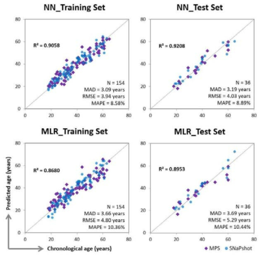 Age prediction of saliva samples using Neural Network analysis with the type of analysis platform (i.e. SNaPshot and MPS) included as a variable