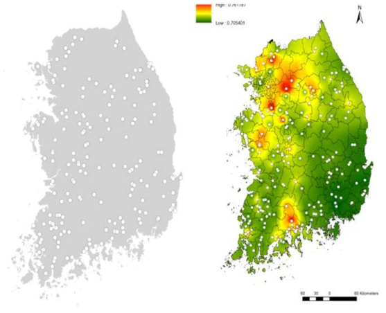 지하수 시료채취 지점(국가지하수측정망) 및 우리나라 지하수의 스트론튬 동위 원소비 분포