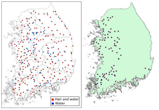 (좌) 머리카락 및 수돗물 시료 채취 지점(●: 머리카락과 수돗물 시료 채취 지점, ●: 전국 휴게소에서 채취한 수돗물 시료) (우) 머리카락 및 수돗물 시료 분석지점