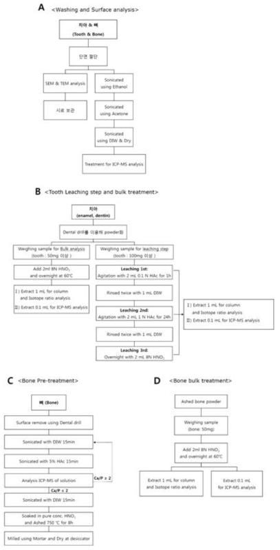 방사기원 동위원소를 활용한 유해 뼈·치아 시료 전처리 과정에 대한 흐름도