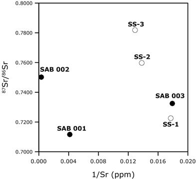동물 뼈와 출토 지역 토양에 대한 Sr 농도에 따른 87Sr/86Sr 비교 (SS: SAB 동물 시료 출토 지역 토양