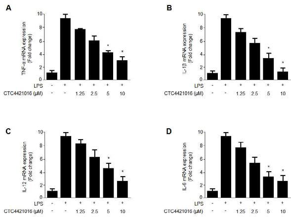 The effects of compound 8 (CTC4421016; cudraflavanone D) on TNF-α (A), IL-1β (B), IL-12 (C), and IL-6 (D) mRNA expression in the condition of LPS stimulation. Cells were pre-treated for 3 h with the indicated concentrations of compound 8 and then stimulated for 12 h with LPS (1 μg/mL). The data represent the mean values of 3 experiments ± SD. *p < 0.05 compared with the group treated with LPS