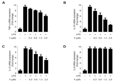 The effects of cudratricusxanthone A (1) on TNF-α (A), IL-1β (B), IL-12 (C), and IL-6 (D) mRNA expression stimulated with LPS. Cells were pre-treated for 3 h with the indicated concentrations of 1 and then stimulated for 12 h with LPS (1 μg/mL). The data represent the mean values of 3 experiments ± SD. *p < 0.05 compared with the group treated with LPS