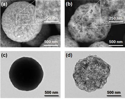 합성한 알루미나 샘플의 SEM 이미지. (a) Bulk-Al2O3, (b) HR-Al2O3 및 TEM 이미지 (c) Bulk-Al2O3, (d) HR-Al2O3