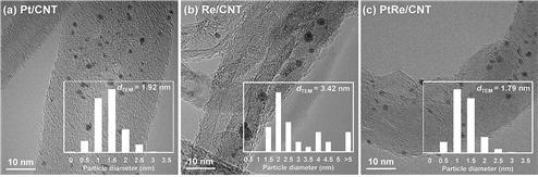 (a)Pt/CNT, (b)Re/CNT, (c)PtRe/CNT 촉매의 TEM 이미지