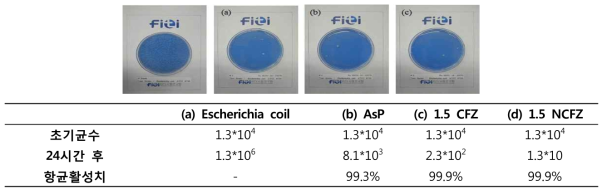 대장균에 대한 나노복합소재의 항균 시험 결과