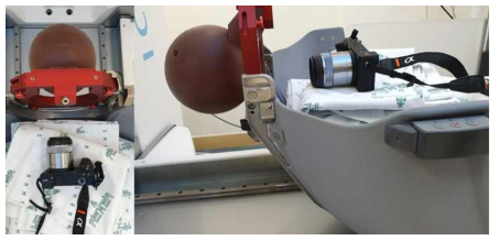 감마나이프 퍼펙션 16 mm 빔에서 CCD 카메라를 이용해 종양 모형 섬광체의 선량 분포를 촬영한 모습