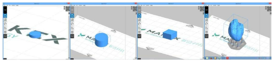 3D 소프트웨어 MAKEX (M-one)에 디스크, 원통형, 자유형(직각형, 종양) 모델링 파일이 적용된 모습