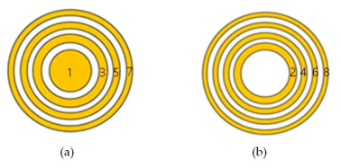 두 가지 형태의 Frezenel zone plate (FZP): (a) 홀수형 FZP, (b) 짝수형 FZP