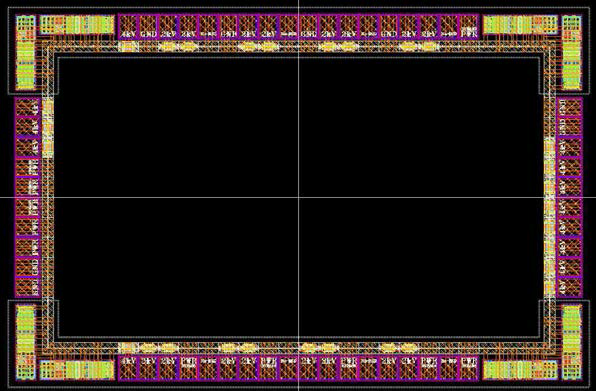 인풋 아웃풋 패드, 파워링, 스캔체인, 레지스터가 포함된 전체 회로의 layout