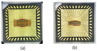 제작된 칩의 현미경사진 (a) packaged 된 130 nm SiGe 기반 공정 칩, (b) packaged된 180 nm SiGe 기반 공정 칩