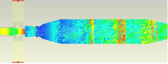 콜렉터 내면에 전자빔의 에너지가 어떻게 분포하는지에 대한 PIC(CST) 프로그램의 시뮬레이션 예