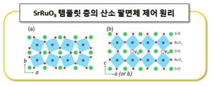 SrRuO3 박막의 증착 중 산소분압에 따른 산소 결함 발생 및 산소 팔면체의 기울어짐 각도의 변화 현상에 대한 모식도