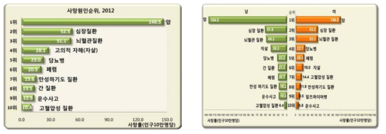 사망원인 질병군 순위 및 남녀 사망 원인 통계