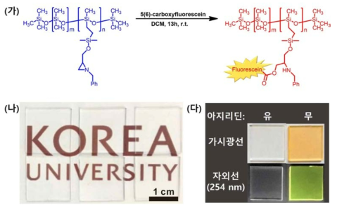 (가) Curing agent(B)와 아지리딘(1)의 hydrosilylation 반응; (나) 아지리딘의 비율에 따라 변화하는 fluorescein 분자의 형광 세기 변화; (다) 아지리딘 비율과 무관하게 PDMS 특성인 투명성 유지