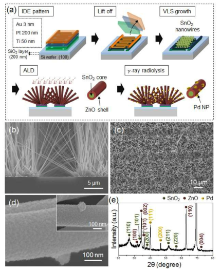 Pd 기능화된 SnO2-ZnO 코어쉘 구조의 모식도 및 합성된 물질 확인을 위한 SEM, XRD 데이터