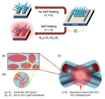 Core-shell 나노선 구조에서 저항-열 발생의 메카니즘 (a) ZnO shell 결정립내 (b) ZnO grain boundary (c) ZnO homojunctions