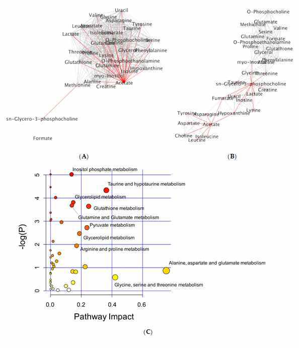 대사체 변화의 상관관계를 네트워크 그래프로 나타냈었을 때 SpD 처리군에서 대조군과 차이를 보임을 나타내었으며 Pathway 분석을 통하여 주도적인 대사체의 방향을 나타내었음