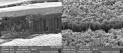 SEM 이미지 (좌) IrTaOx/TNT(4h)-3 layer, (우) IrTaOx/TNT(4h) -1 layer (high Conc.)