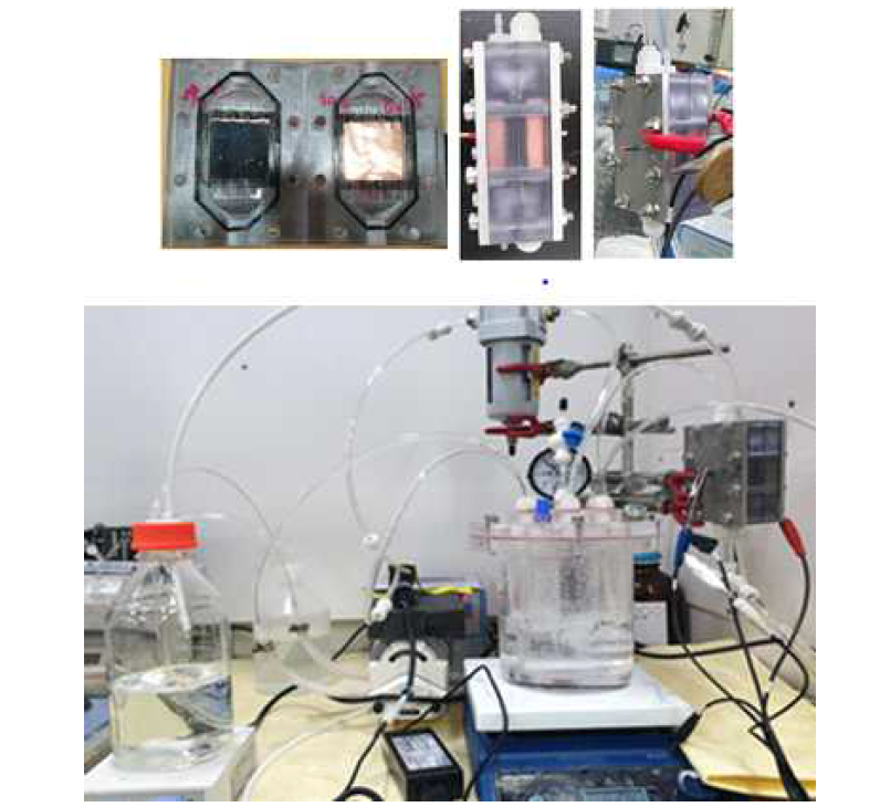 Flow cell 사진 및 산화-환원 융합 전해 flow 시스템