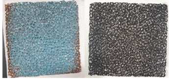 다공성 Cu(OH)2 foam 전극 (왼쪽)실험 전, (오른쪽)후 사진