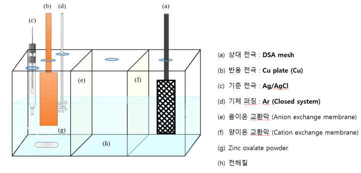 옥살산염의 옥살산 전환을 위한 전기분해조 (3 compartment cell type)