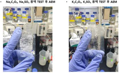 반응용액을 Na2C2O4, Na2SO4에서 K2C2O4, K2SO4로 변경하였을 때, 실험 종료 후 membrane 상태