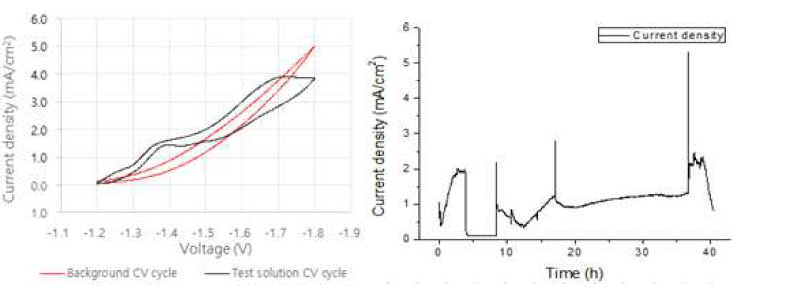 옥살산염의 옥살산 전환 반응조 scale up test (왼쪽) CV graph (오른쪽) 옥살산 전환 전기분해 data