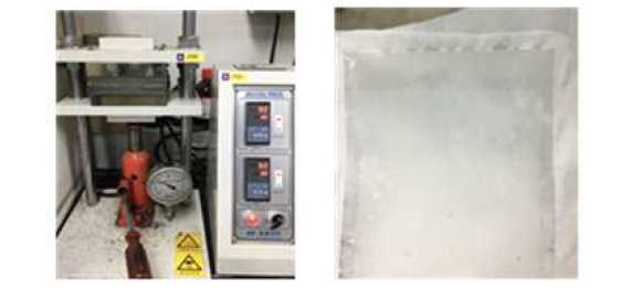 (왼쪽) 열압착 기기, (오른쪽) 열압착한 PTFE와 AMV 사진