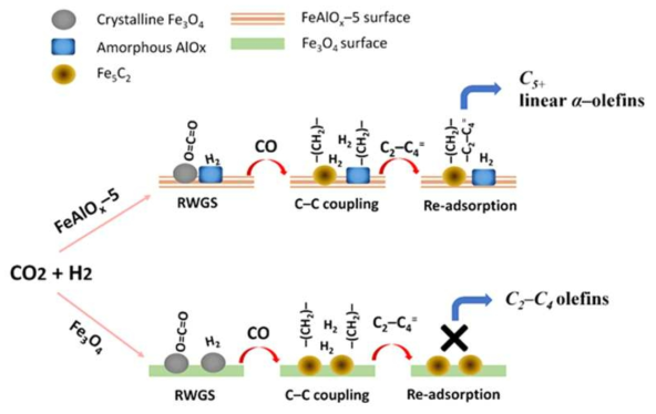 Proposed reaction mechanisms for the conversion of CO2 into C5+ olefins and paraffins over bifunctional FeAlOx-5 and over Na–Fe3O4