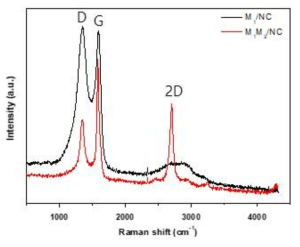 단일금속촉매 (M1/NC)와 복합금속촉매 (M1M2/NC)의 Raman spectra