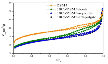 ZSM5 와 각각의 바인더로 만든 샘플의 N2 isotherm adsorption/desorption 결과