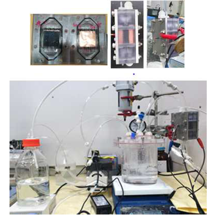 Flow cell 사진 및 산화-환원 융합 전해 flow 시스템