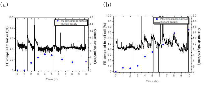 3C 전극의 10시간 테스트 전류밀도 (a) -1.85 V, (b) -1.95 V(vs. Ag/AgCl)