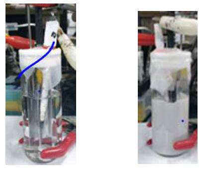 Oxalate 전환을 위한 one pot cell 시스템 (좌 : 반응 전 cell, 우 : 반응 후 oxalate가 발생한 cell)