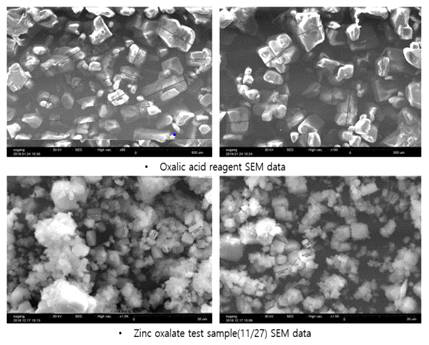 (위)Oxalic acid와 (아래)zinc oxalate의 SEM 사진