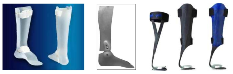 현재 다양하게 사용되고 있는 보조기의 예 (좌측부터 고정형 발목-발 보조기, 관절형 발목-발 보조기, 동적 발목-발 보조기)