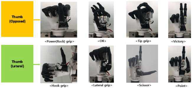 엄지 위치에 따른 파지동작 및 손동작 구현