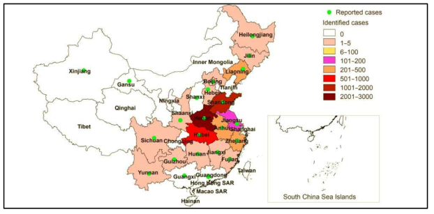 중국의 SFTS 발생 지역과 2010-2016년도까지의 발생 현황