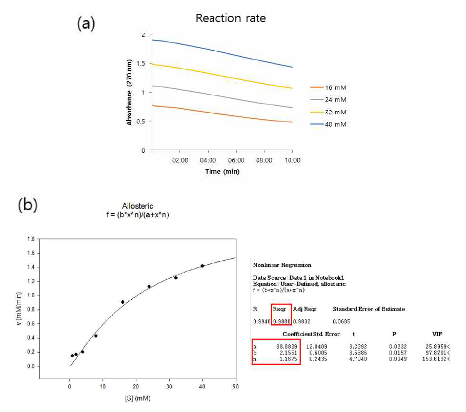 Li-acetoacetate 농도에 따른 (a)효소반응 속도 및 (b)allosteric enzyme kinetic 모델