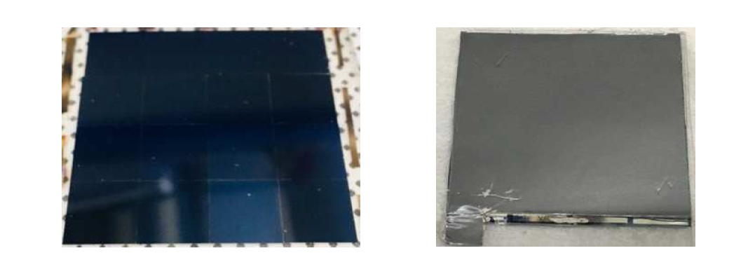 IBC 결정질 실리콘 태양전지 모듈 앞면(좌)과, IBC 결정질 실리콘 태양전지 모듈 후면(우)