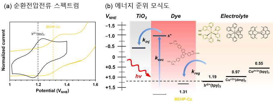 본 연구에서 개발된 Ir0/+(tpy)3 및 carbazole 염료의 (a) 순환전압전류 스펙트럼 및 (b) 소자 내 에너지 준위 모식도