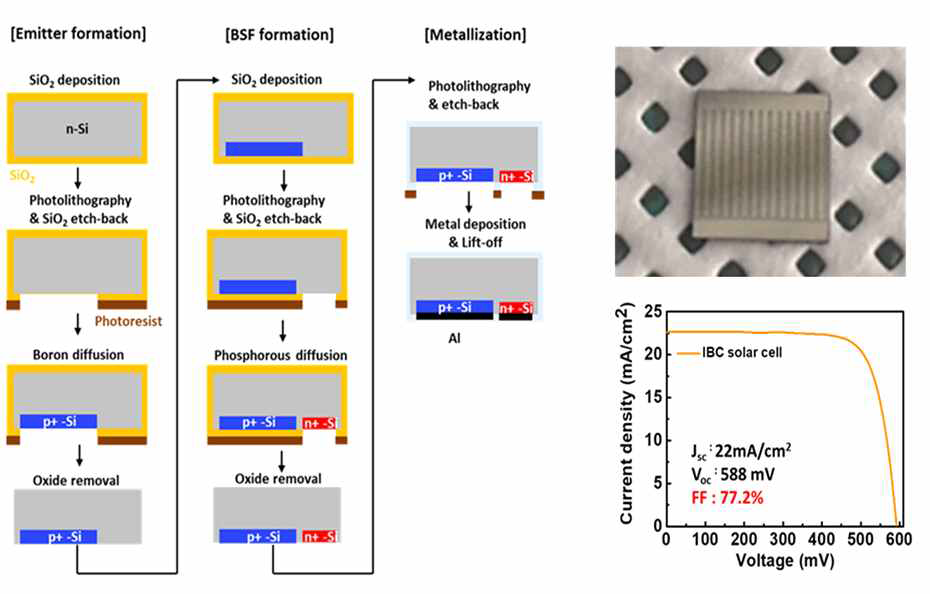 (좌) IBC 태양전지의 제작공정 모식도. 사진 및 (우) J-V 곡선